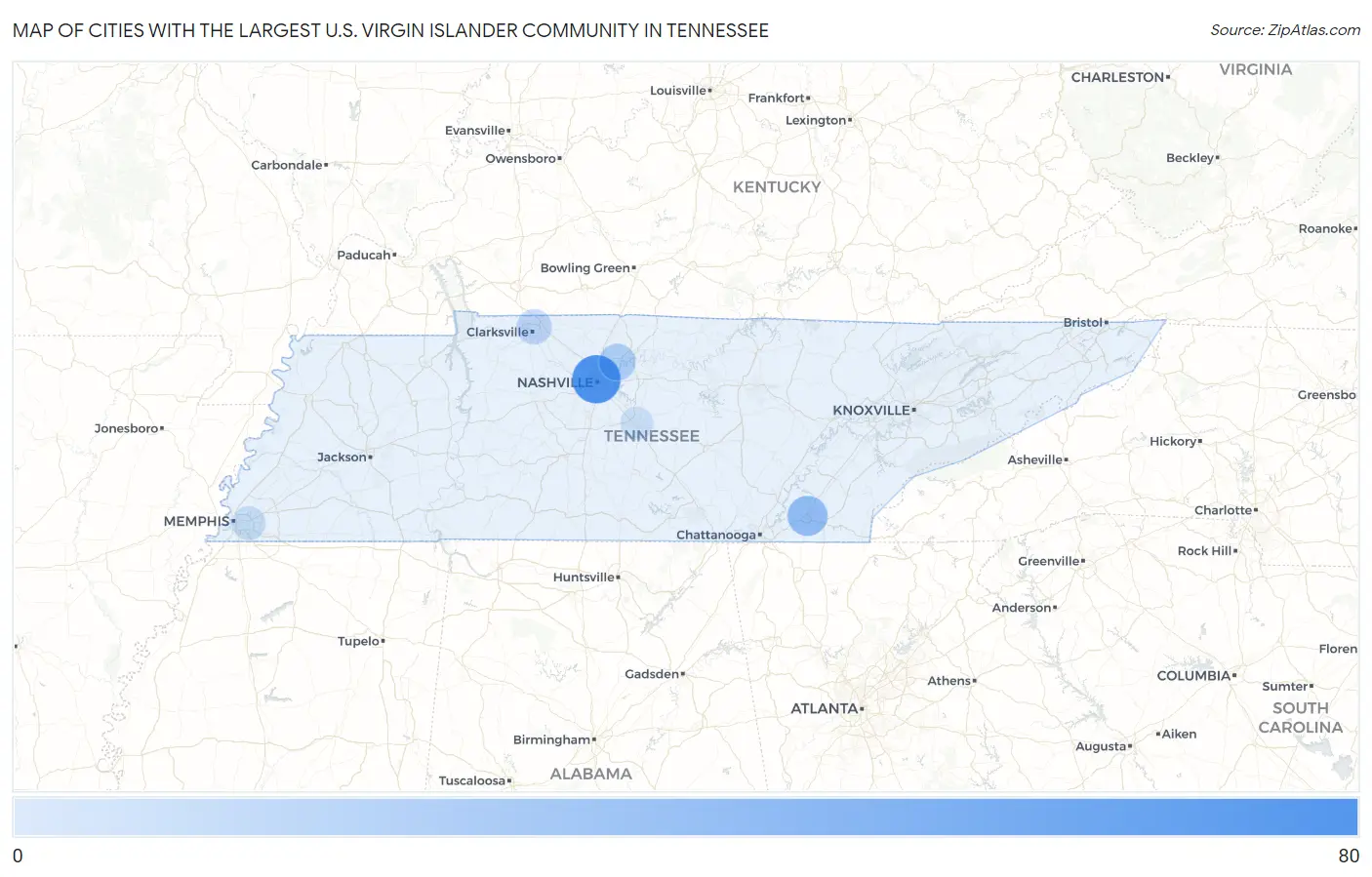 Cities with the Largest U.S. Virgin Islander Community in Tennessee Map