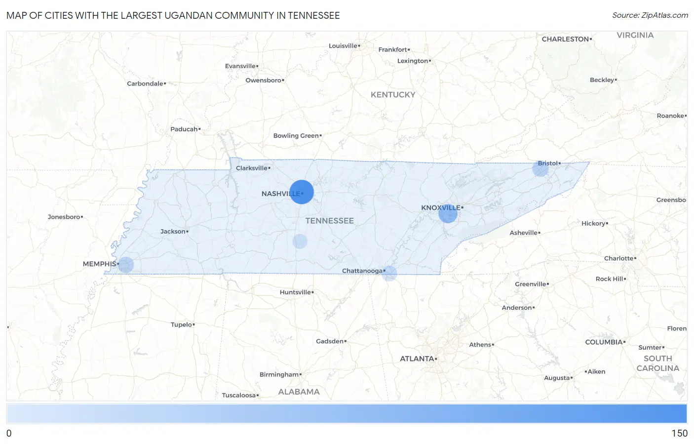 Cities with the Largest Ugandan Community in Tennessee Map