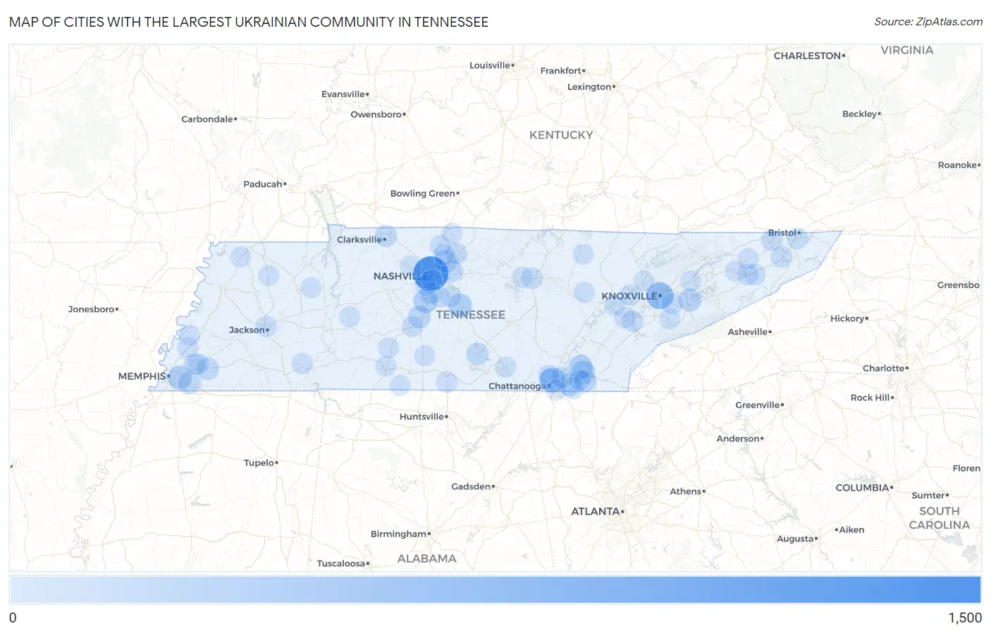 Cities with the Largest Ukrainian Community in Tennessee Map