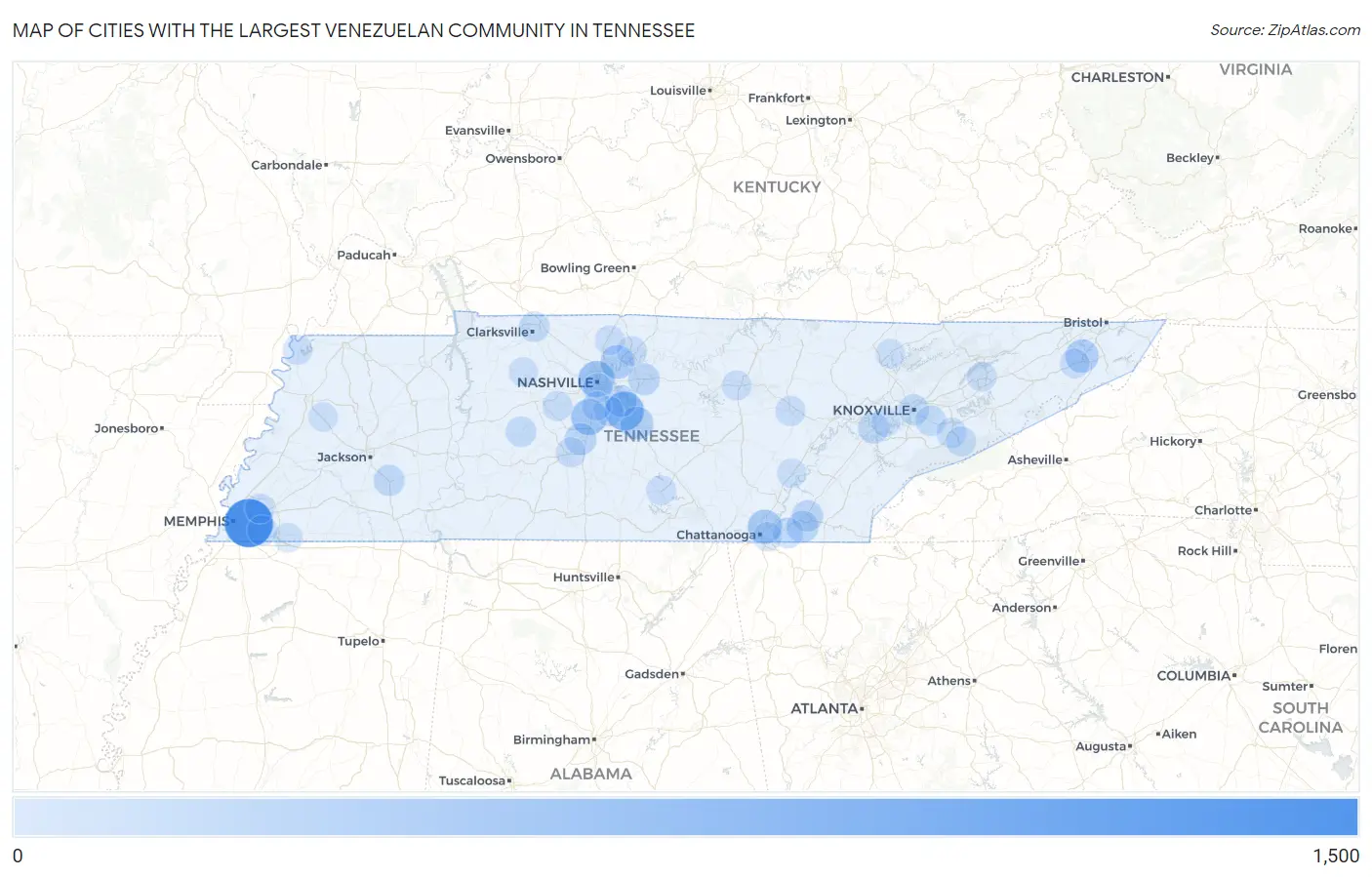 Cities with the Largest Venezuelan Community in Tennessee Map