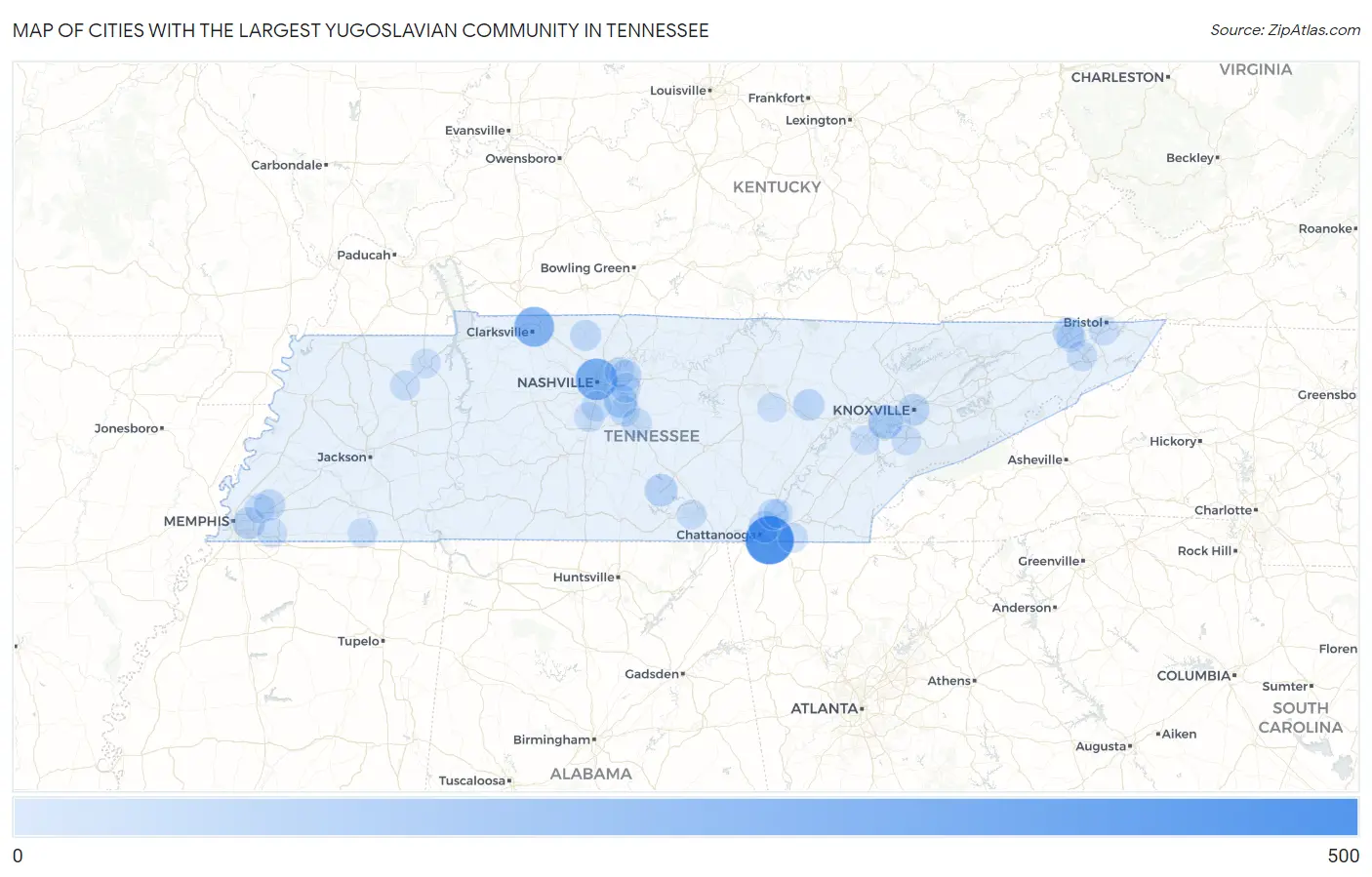 Cities with the Largest Yugoslavian Community in Tennessee Map