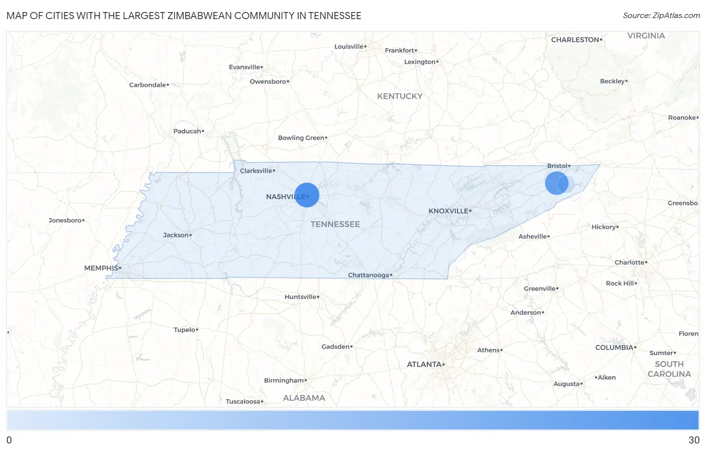 Cities with the Largest Zimbabwean Community in Tennessee Map