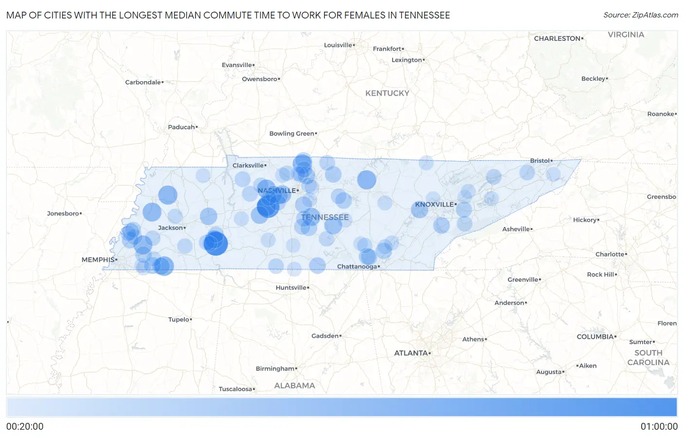 Cities with the Longest Median Commute Time to Work for Females in Tennessee Map