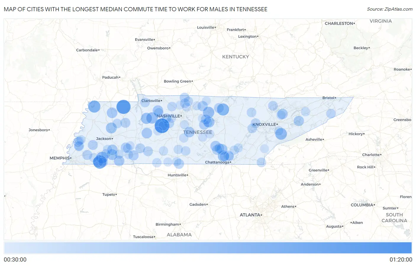 Cities with the Longest Median Commute Time to Work for Males in Tennessee Map