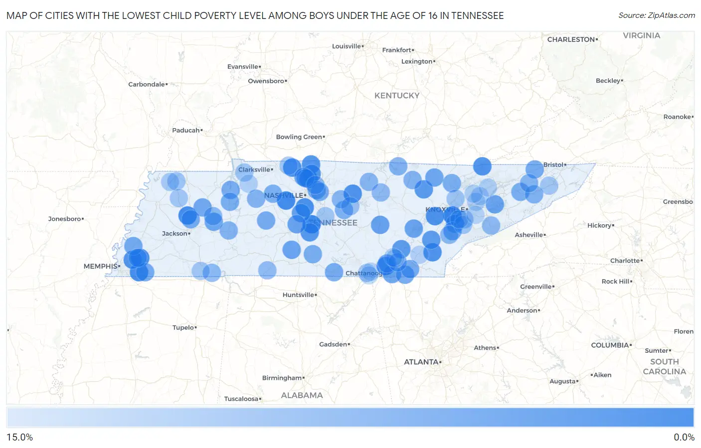 Cities with the Lowest Child Poverty Level Among Boys Under the Age of 16 in Tennessee Map