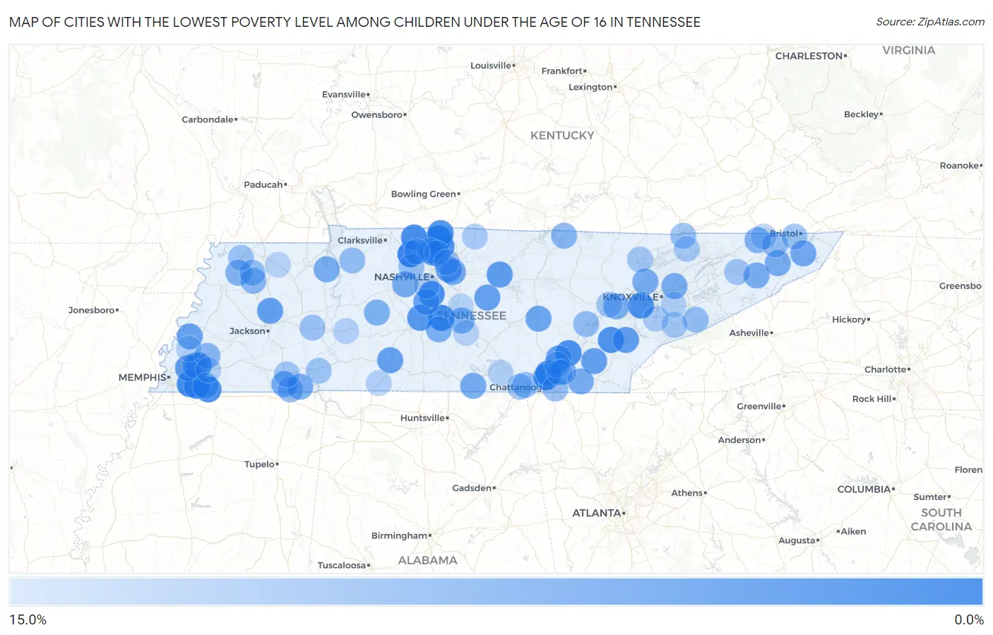 Cities with the Lowest Poverty Level Among Children Under the Age of 16 in Tennessee Map