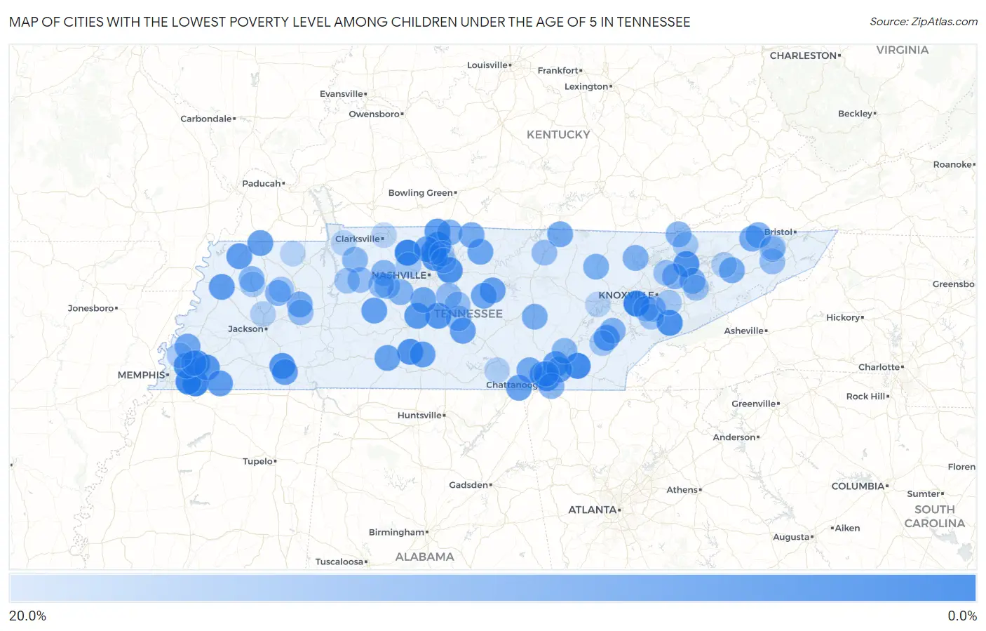 Cities with the Lowest Poverty Level Among Children Under the Age of 5 in Tennessee Map