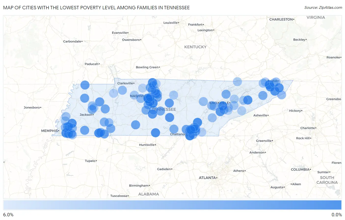 Cities with the Lowest Poverty Level Among Families in Tennessee Map