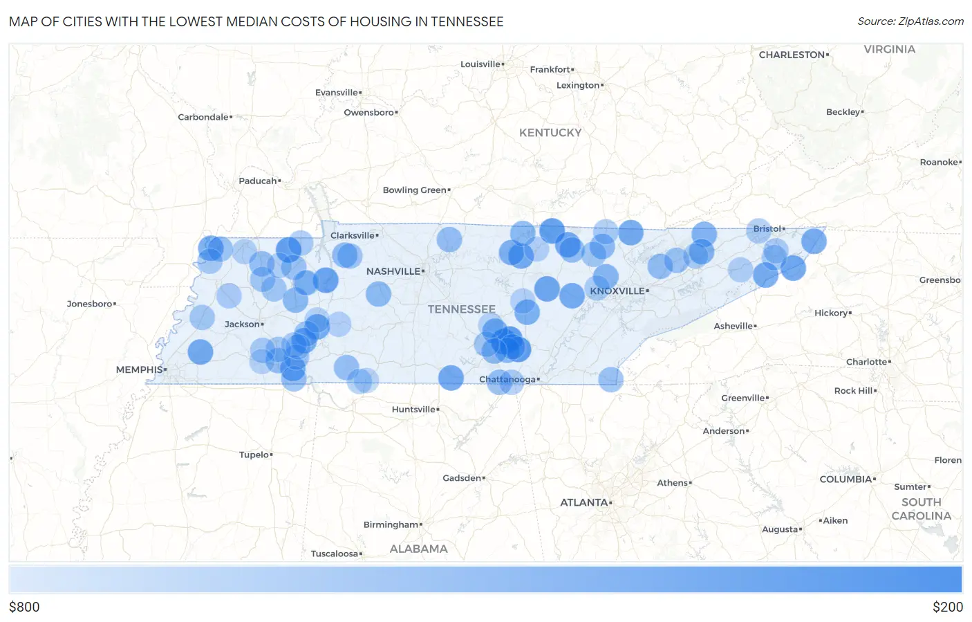 Cities with the Lowest Median Costs of Housing in Tennessee Map