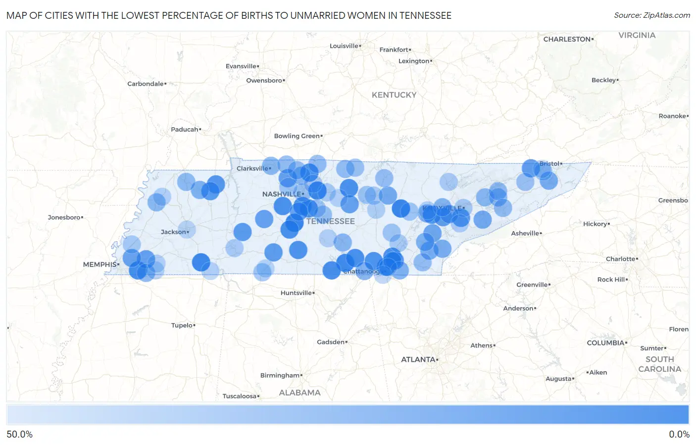 Cities with the Lowest Percentage of Births to Unmarried Women in Tennessee Map