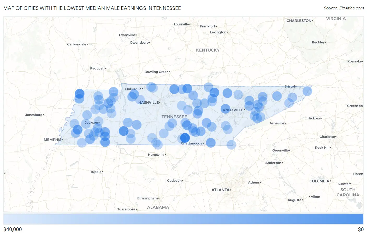 Cities with the Lowest Median Male Earnings in Tennessee Map