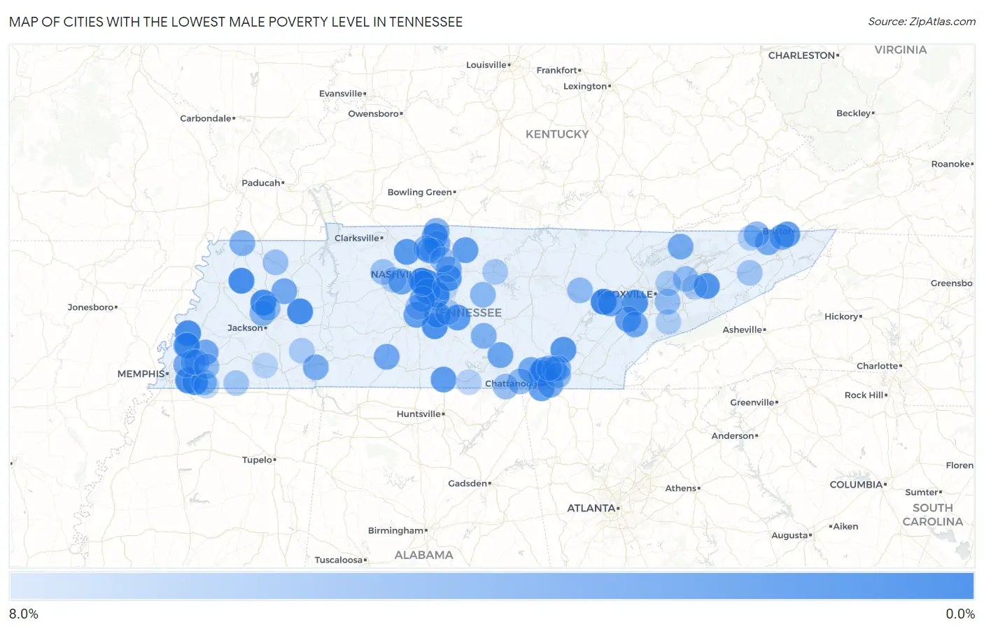 Cities with the Lowest Male Poverty Level in Tennessee Map