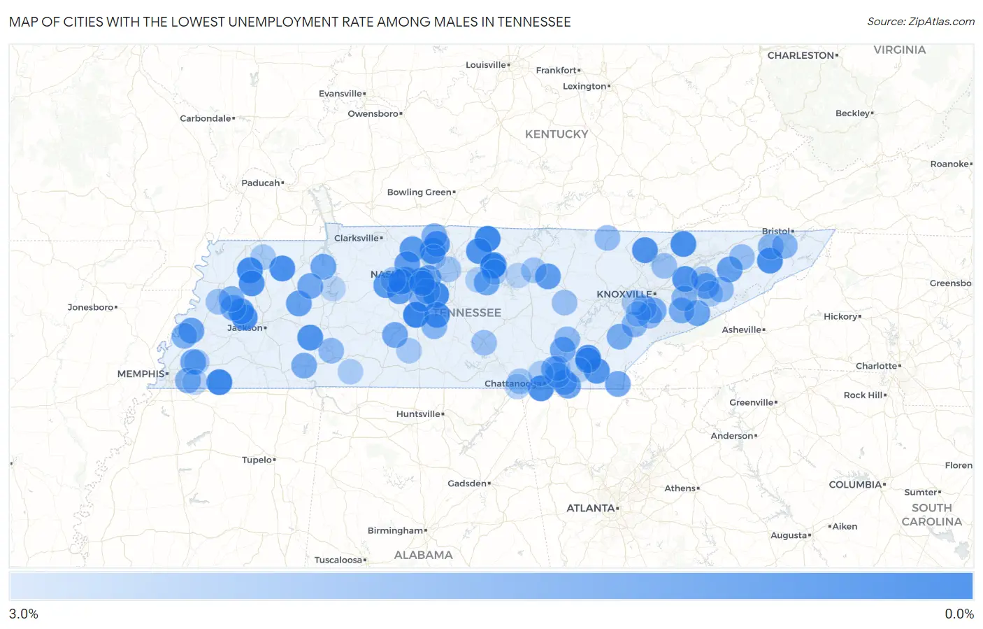 Cities with the Lowest Unemployment Rate Among Males in Tennessee Map
