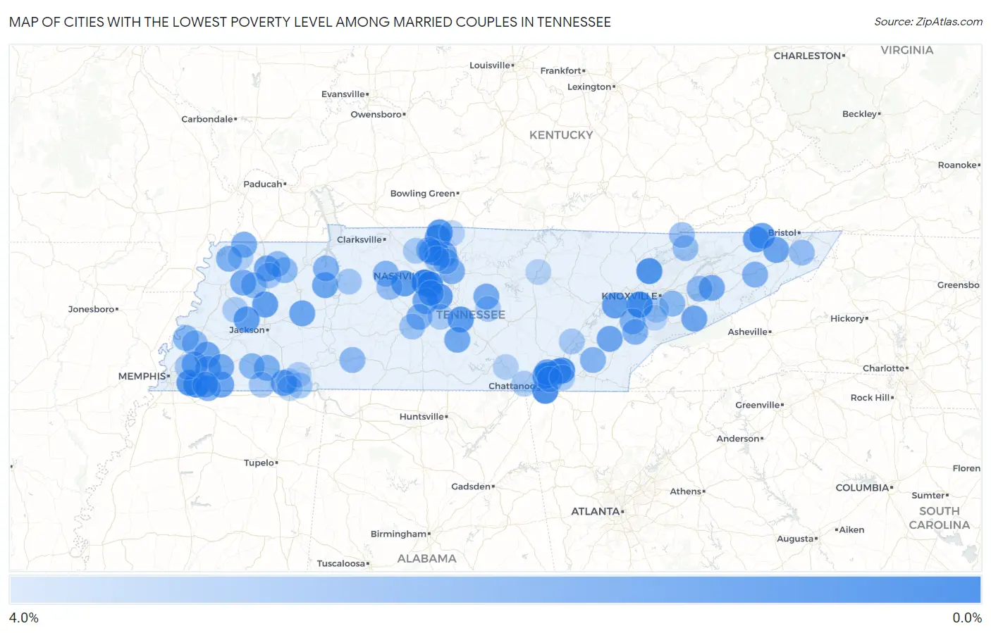 Cities with the Lowest Poverty Level Among Married Couples in Tennessee Map