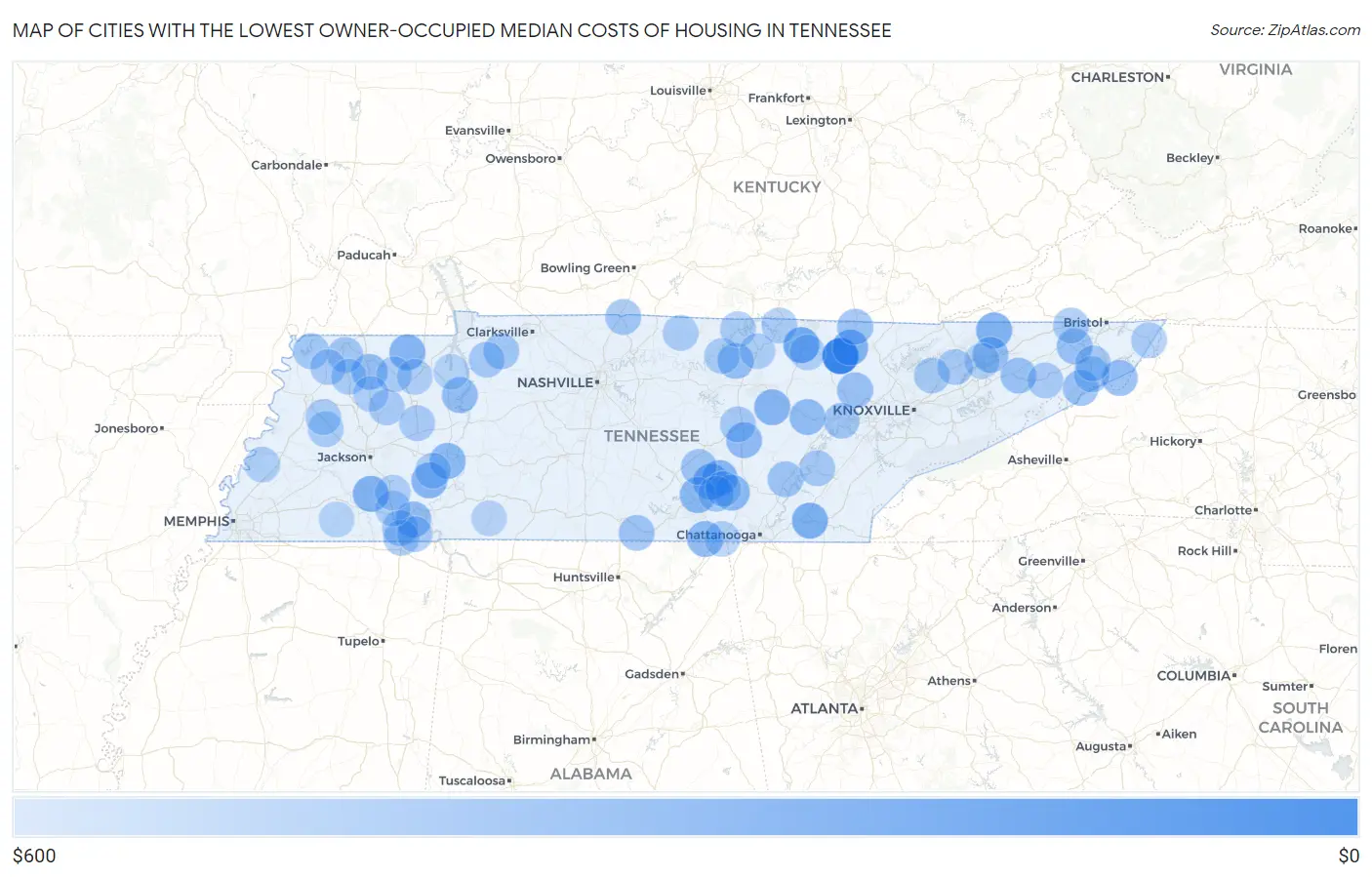 Cities with the Lowest Owner-Occupied Median Costs of Housing in Tennessee Map