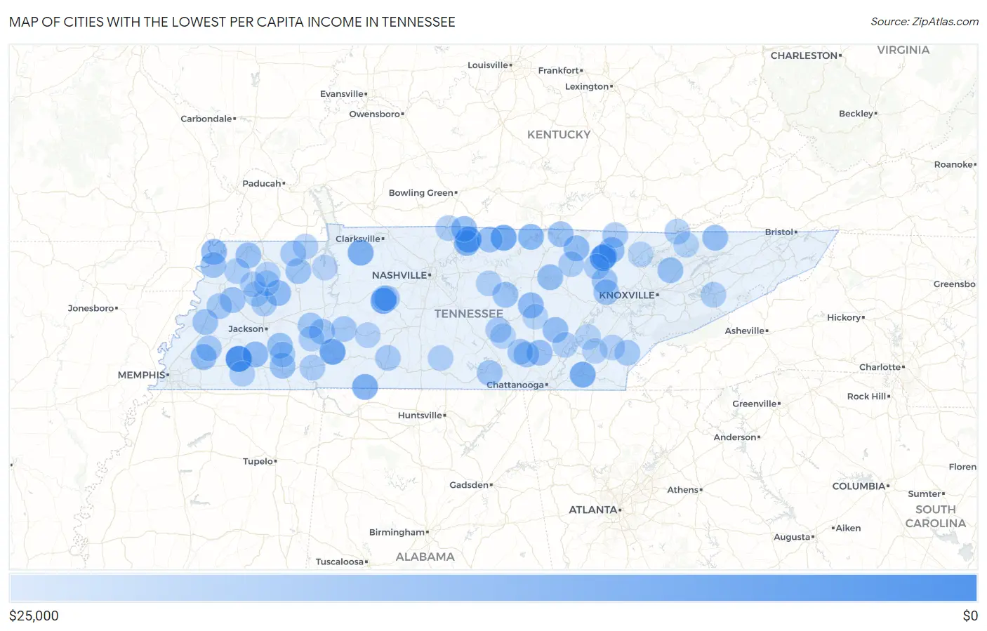 Cities with the Lowest Per Capita Income in Tennessee Map