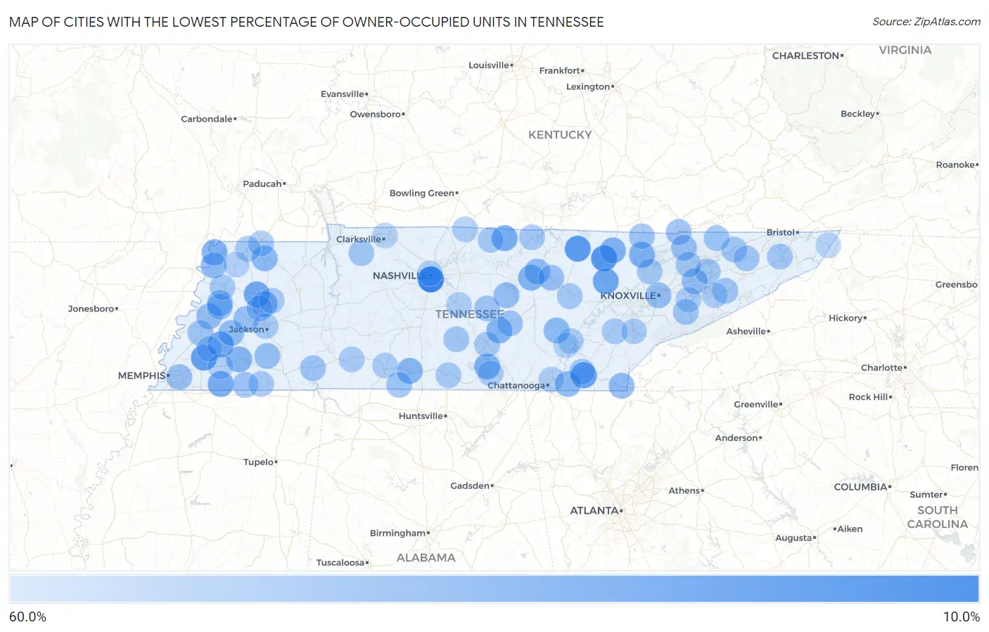Cities with the Lowest Percentage of Owner-Occupied Units in Tennessee Map