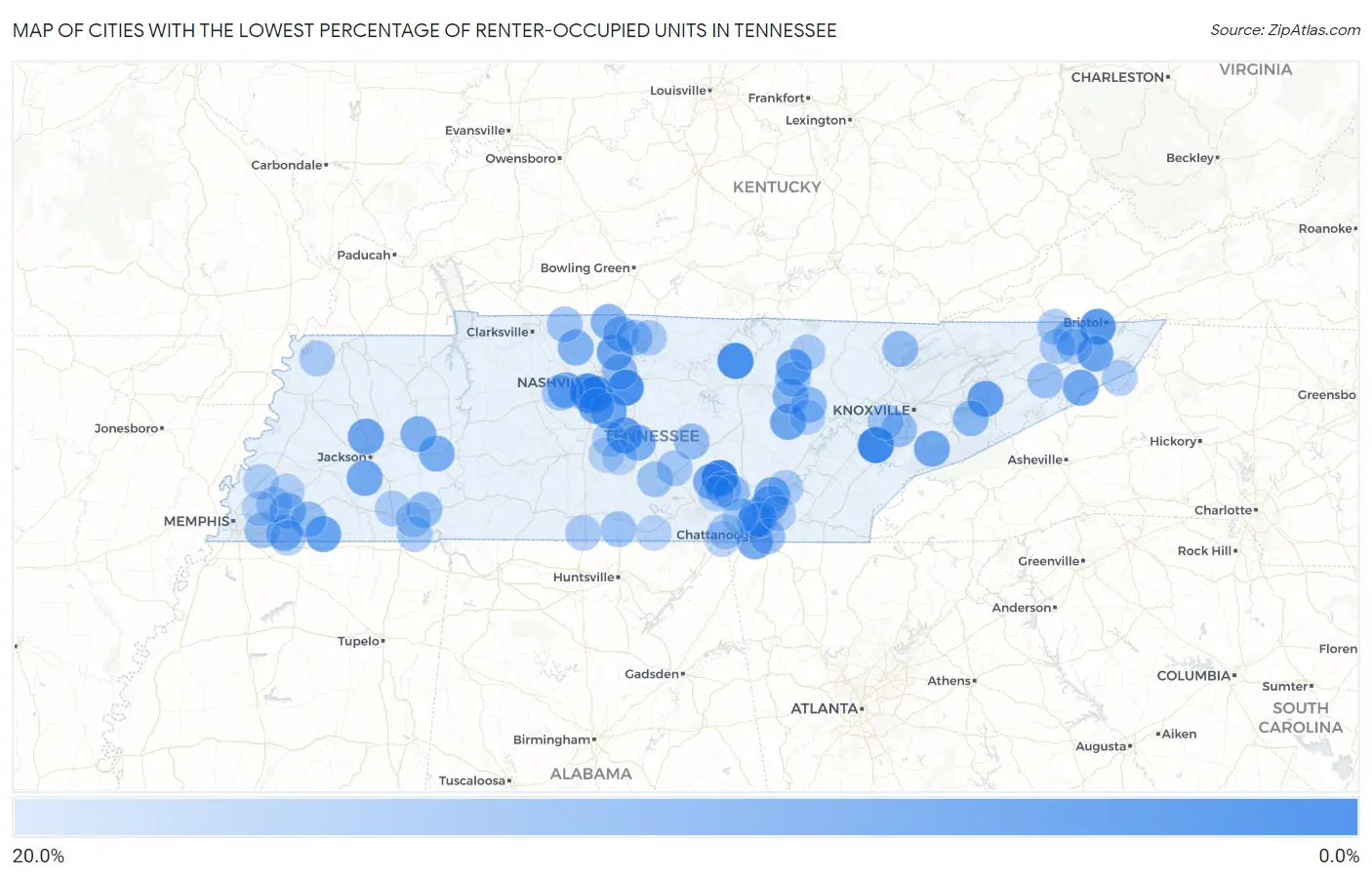 Cities with the Lowest Percentage of Renter-Occupied Units in Tennessee Map