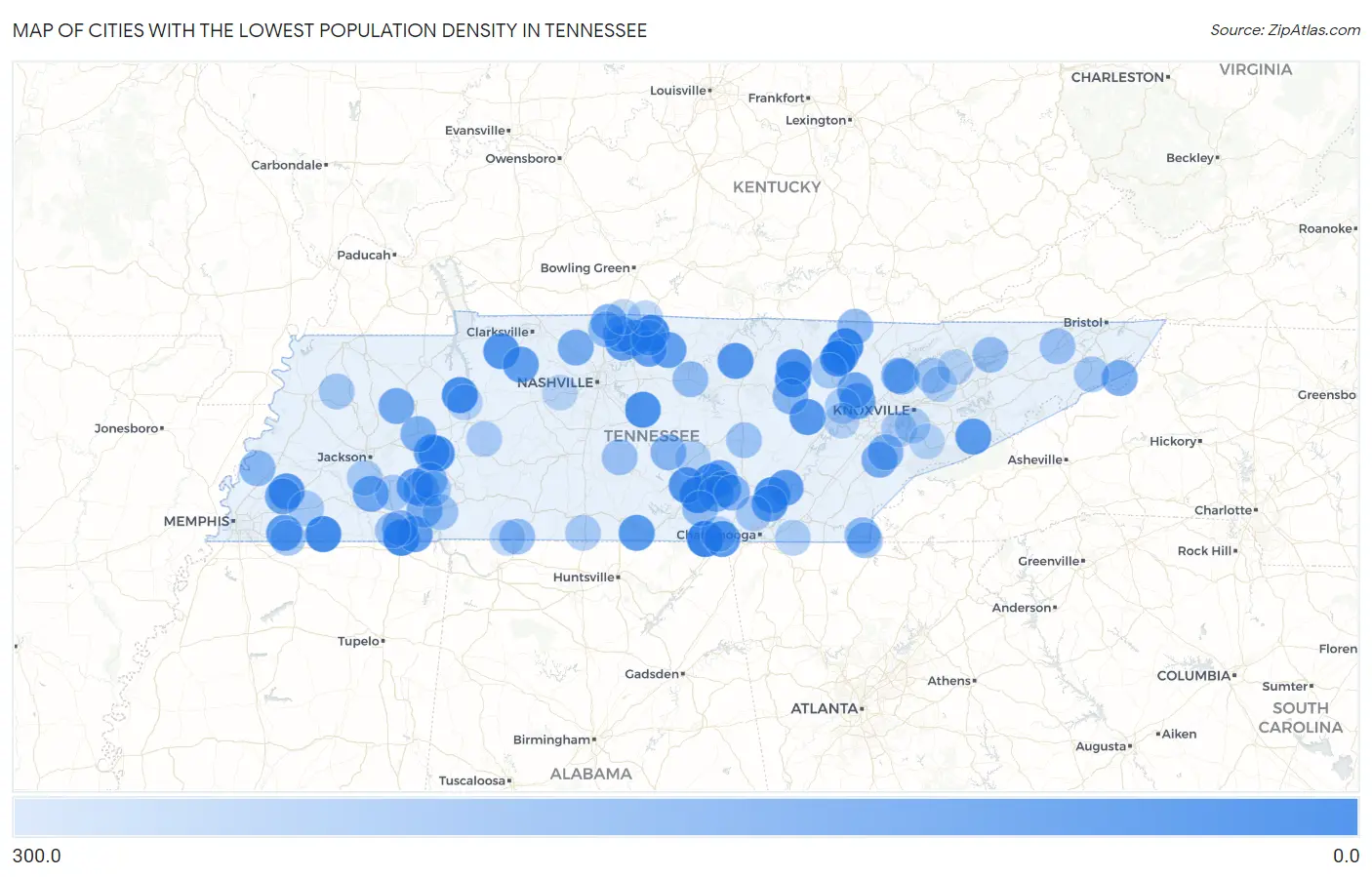 Cities with the Lowest Population Density in Tennessee Map