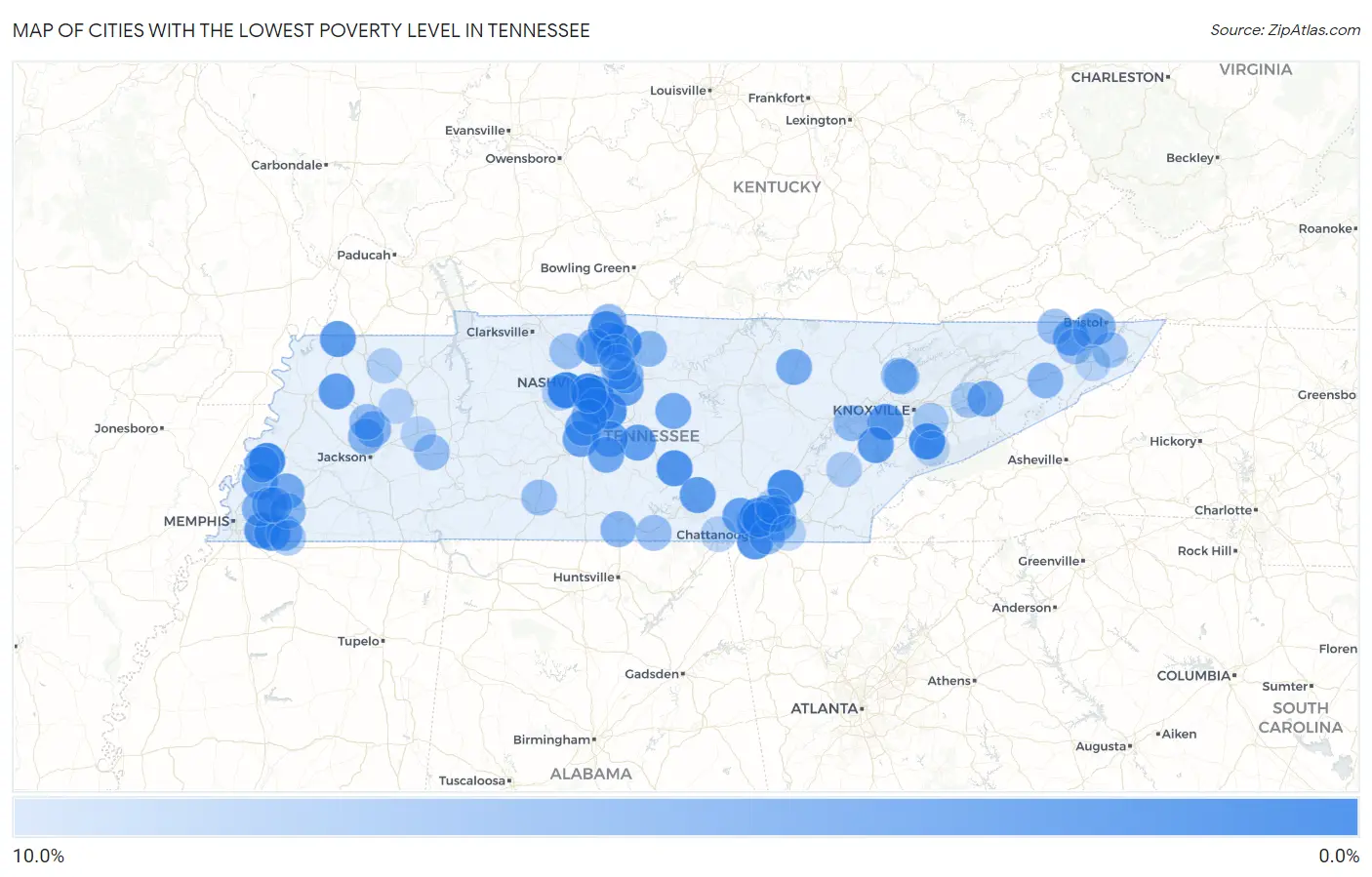 Cities with the Lowest Poverty Level in Tennessee Map
