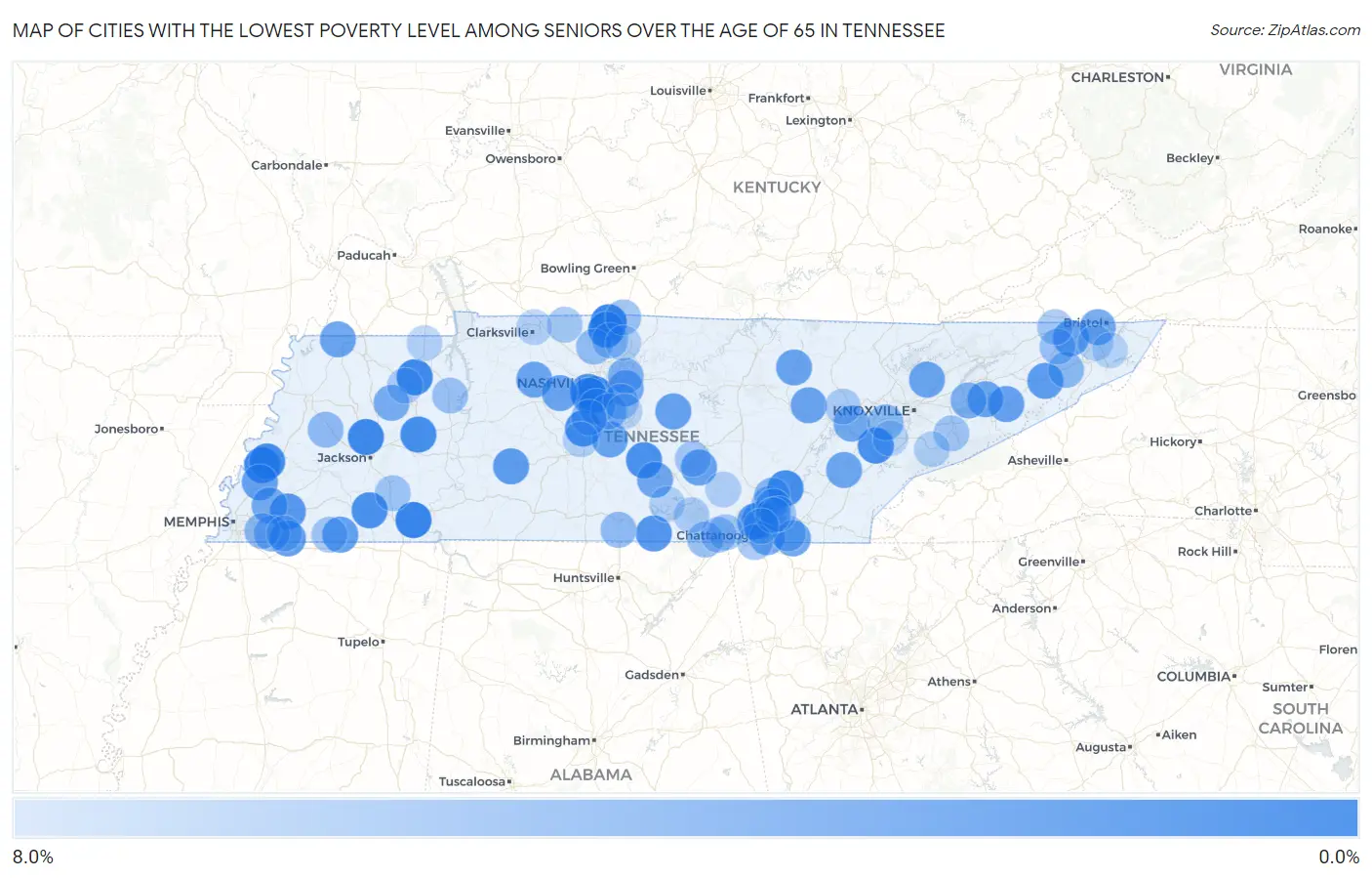 Cities with the Lowest Poverty Level Among Seniors Over the Age of 65 in Tennessee Map