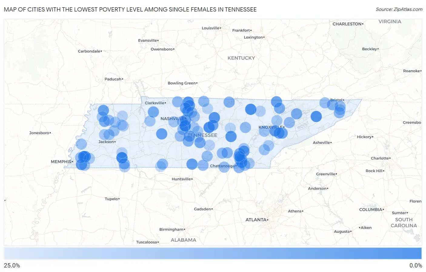 Cities with the Lowest Poverty Level Among Single Females in Tennessee Map