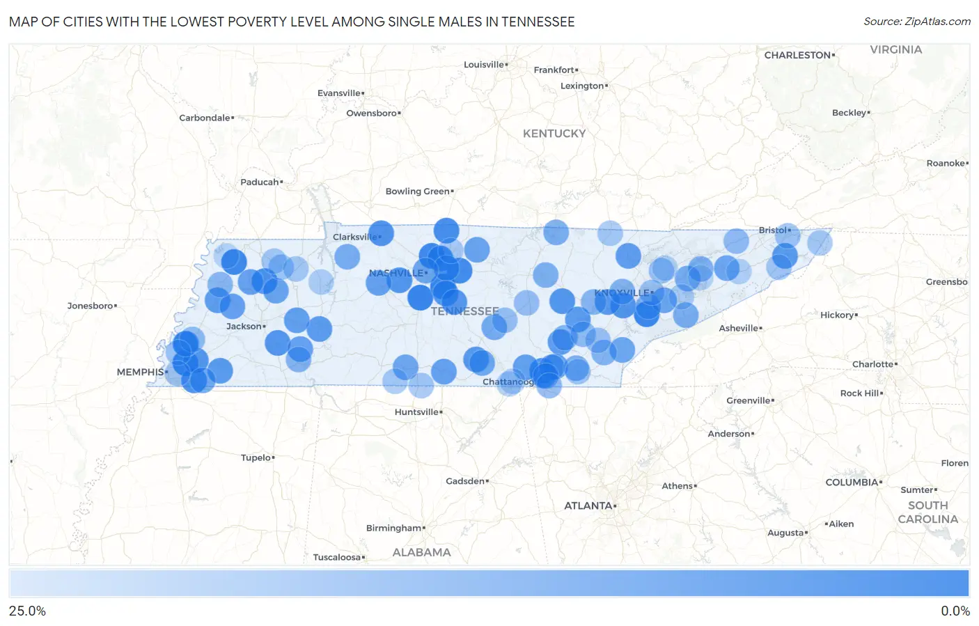 Cities with the Lowest Poverty Level Among Single Males in Tennessee Map