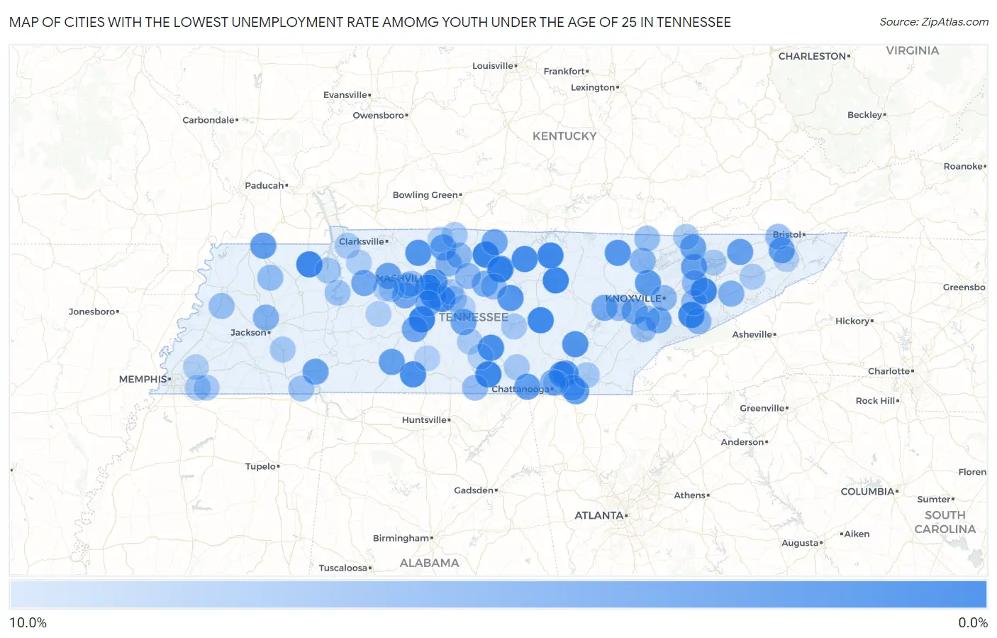 Cities with the Lowest Unemployment Rate Amomg Youth Under the Age of 25 in Tennessee Map