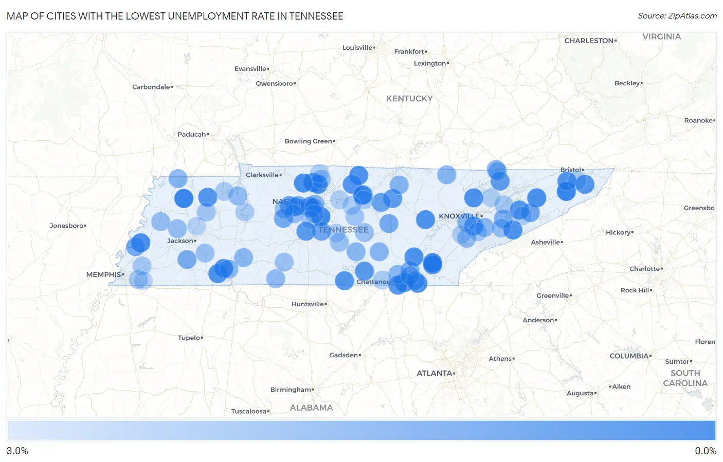 Cities with the Lowest Unemployment Rate in Tennessee Map