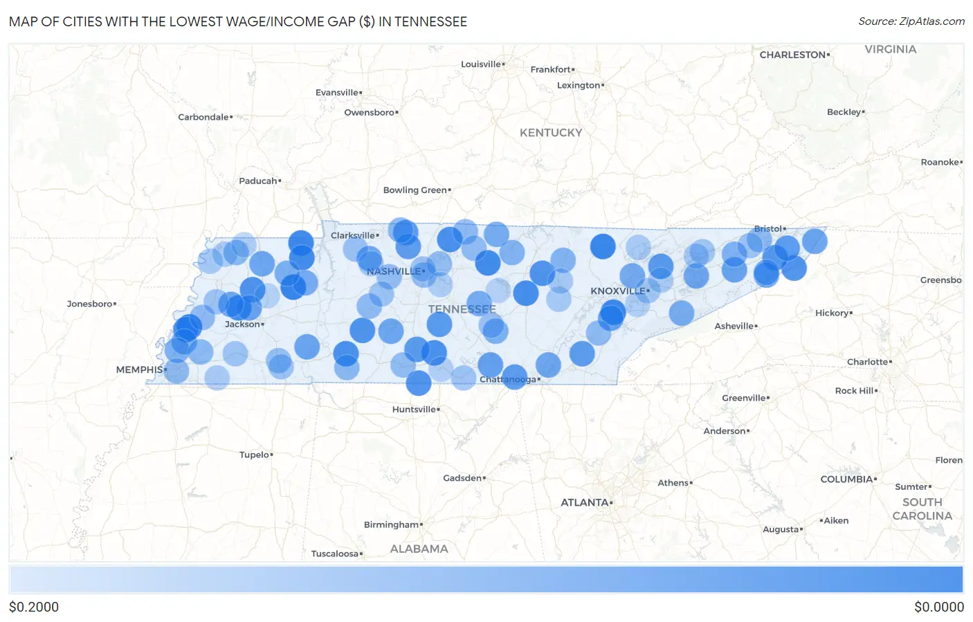 Cities with the Lowest Wage/Income Gap ($) in Tennessee Map