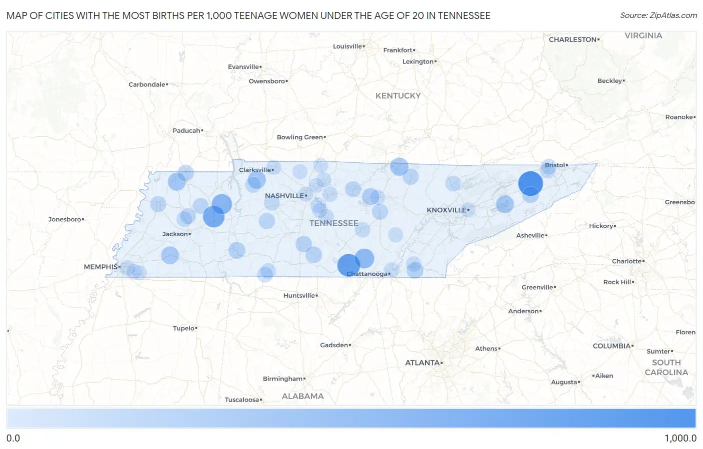 Cities with the Most Births per 1,000 Teenage Women Under the Age of 20 in Tennessee Map