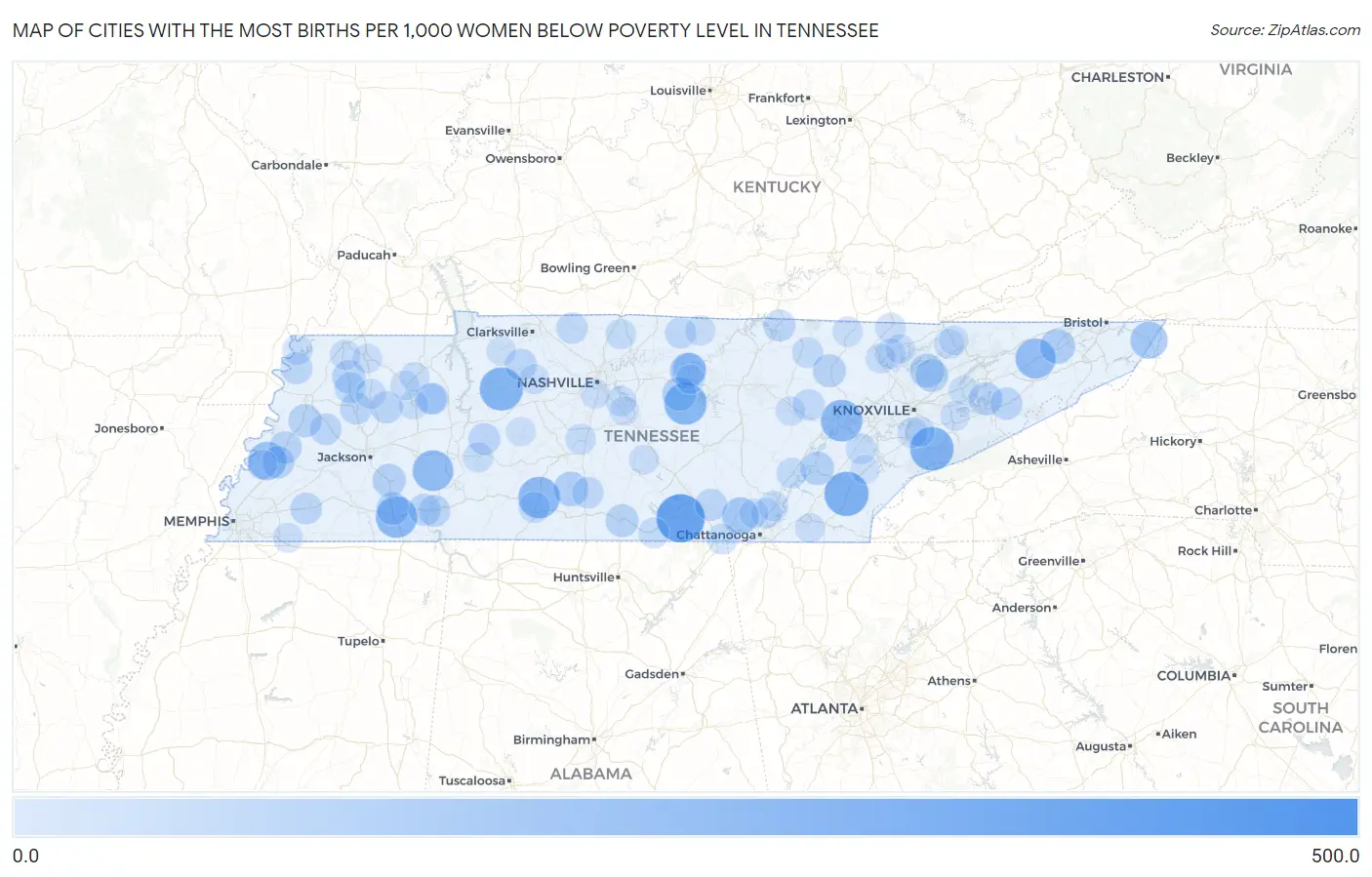 Cities with the Most Births per 1,000 Women Below Poverty Level in Tennessee Map
