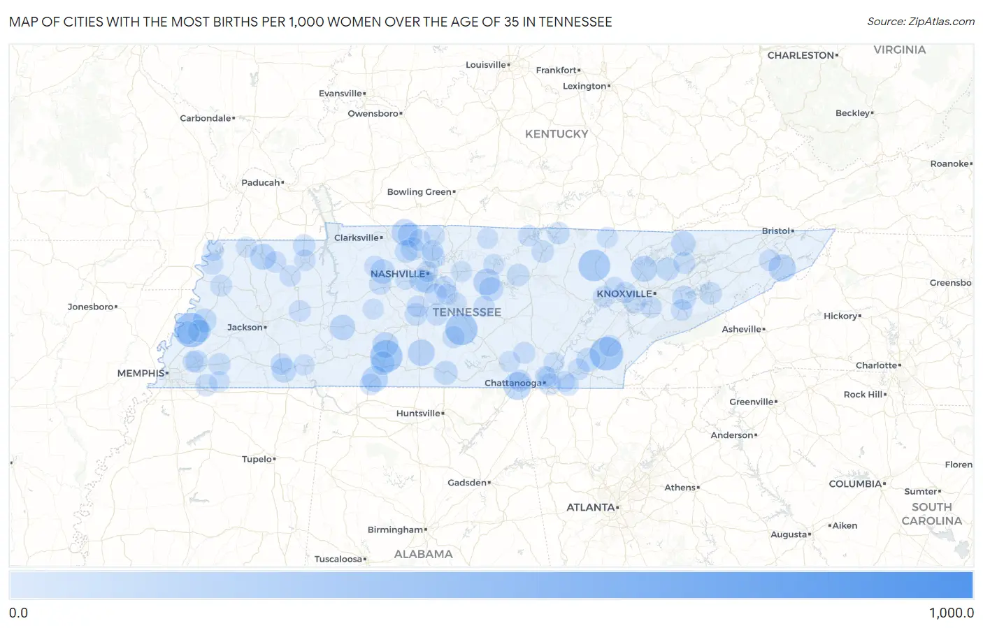 Cities with the Most Births per 1,000 Women Over the Age of 35 in Tennessee Map