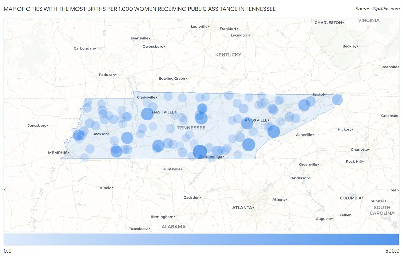 Cities with the Most Births per 1,000 Women Receiving Public Assitance in Tennessee Map