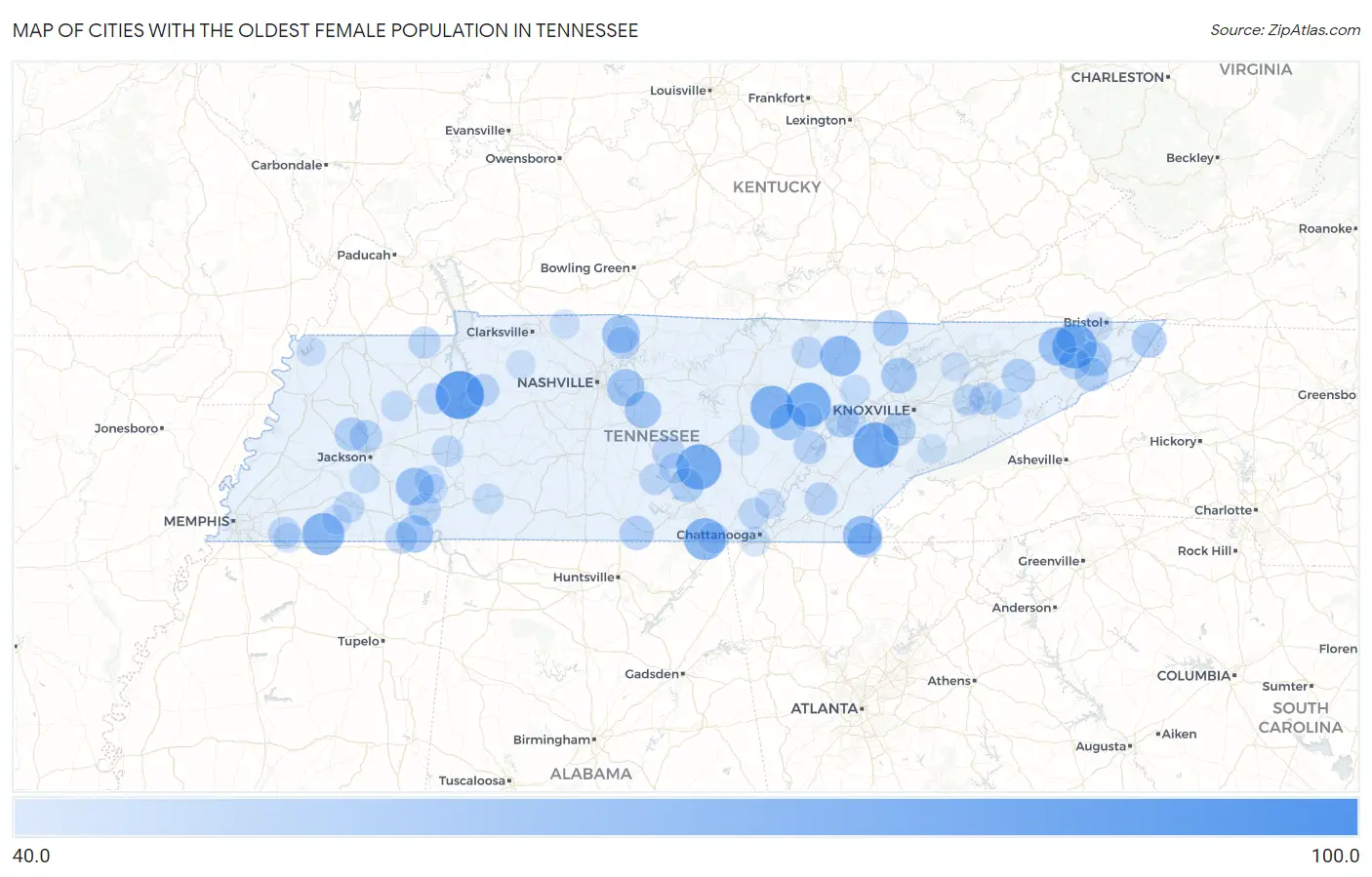 Cities with the Oldest Female Population in Tennessee Map