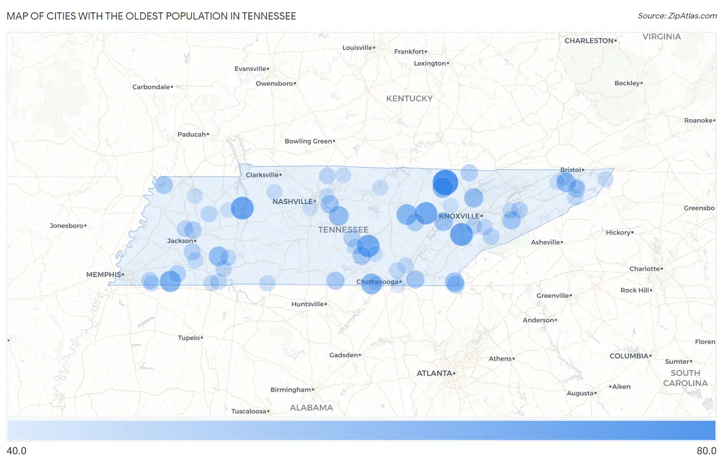 Cities with the Oldest Population in Tennessee Map