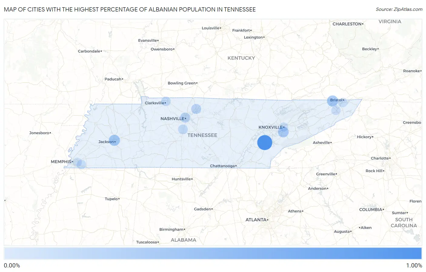 Cities with the Highest Percentage of Albanian Population in Tennessee Map