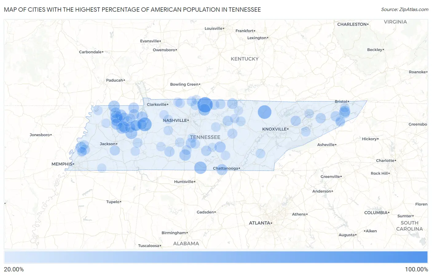 Cities with the Highest Percentage of American Population in Tennessee Map