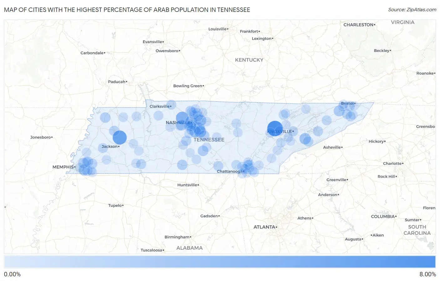 Cities with the Highest Percentage of Arab Population in Tennessee Map