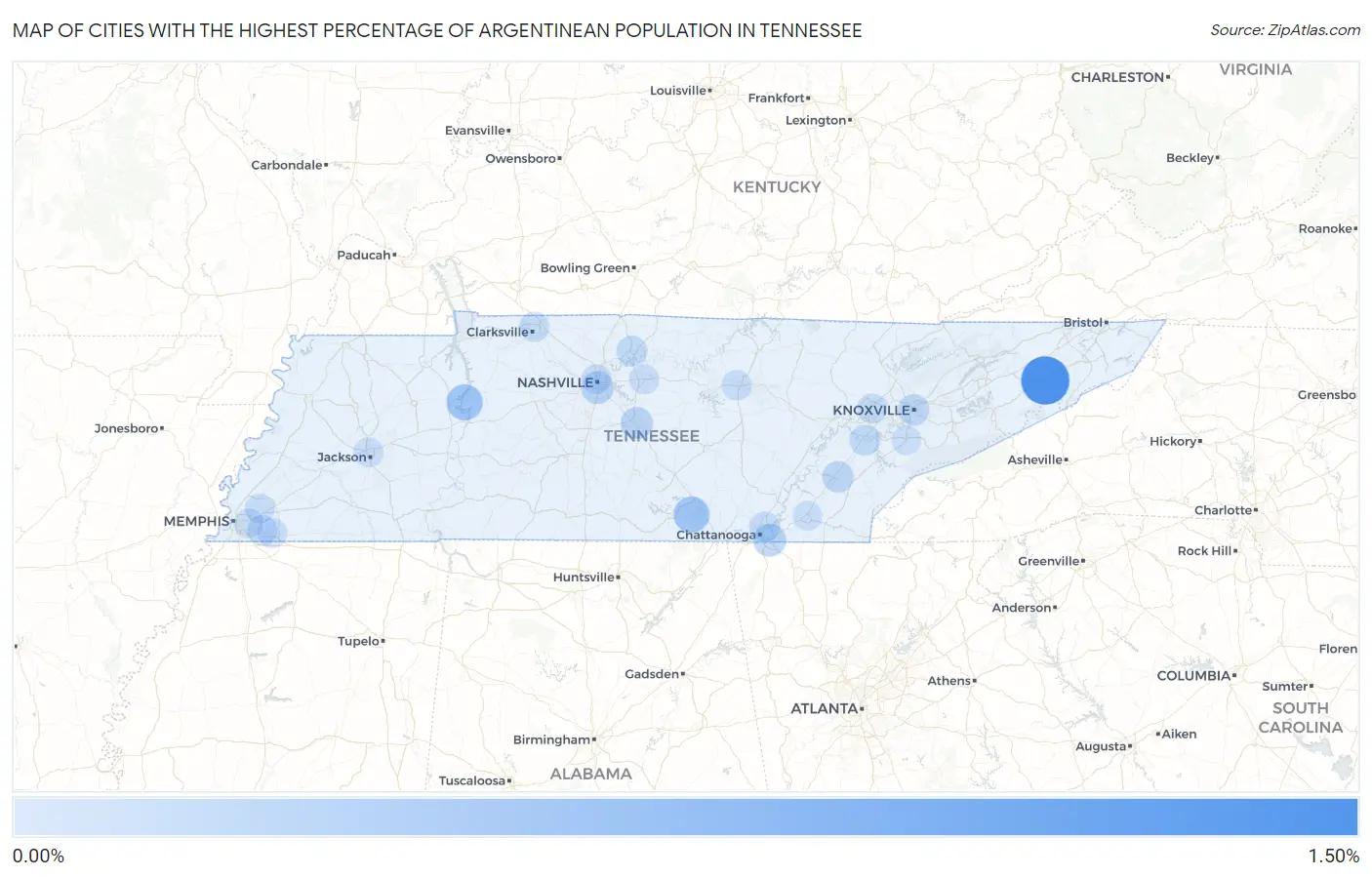 Cities with the Highest Percentage of Argentinean Population in Tennessee Map