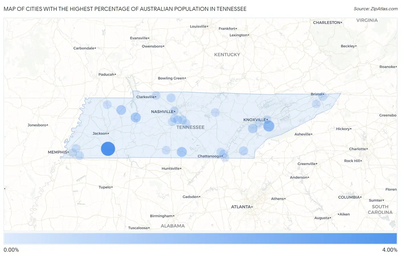 Cities with the Highest Percentage of Australian Population in Tennessee Map