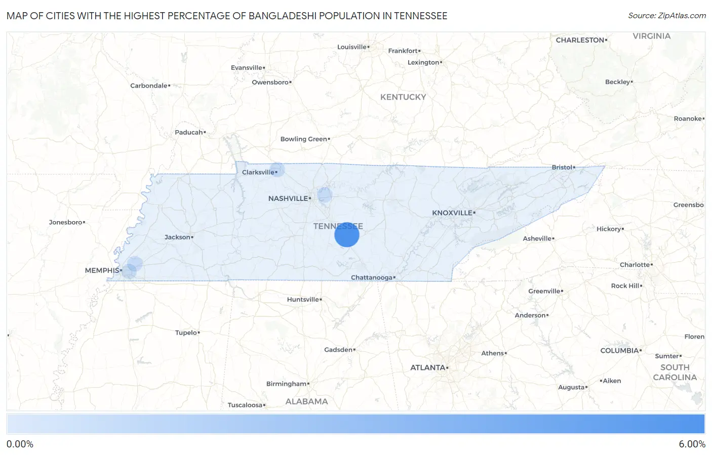 Cities with the Highest Percentage of Bangladeshi Population in Tennessee Map