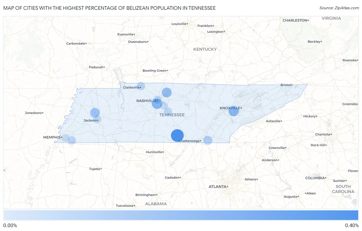 Cities with the Highest Percentage of Belizean Population in Tennessee Map