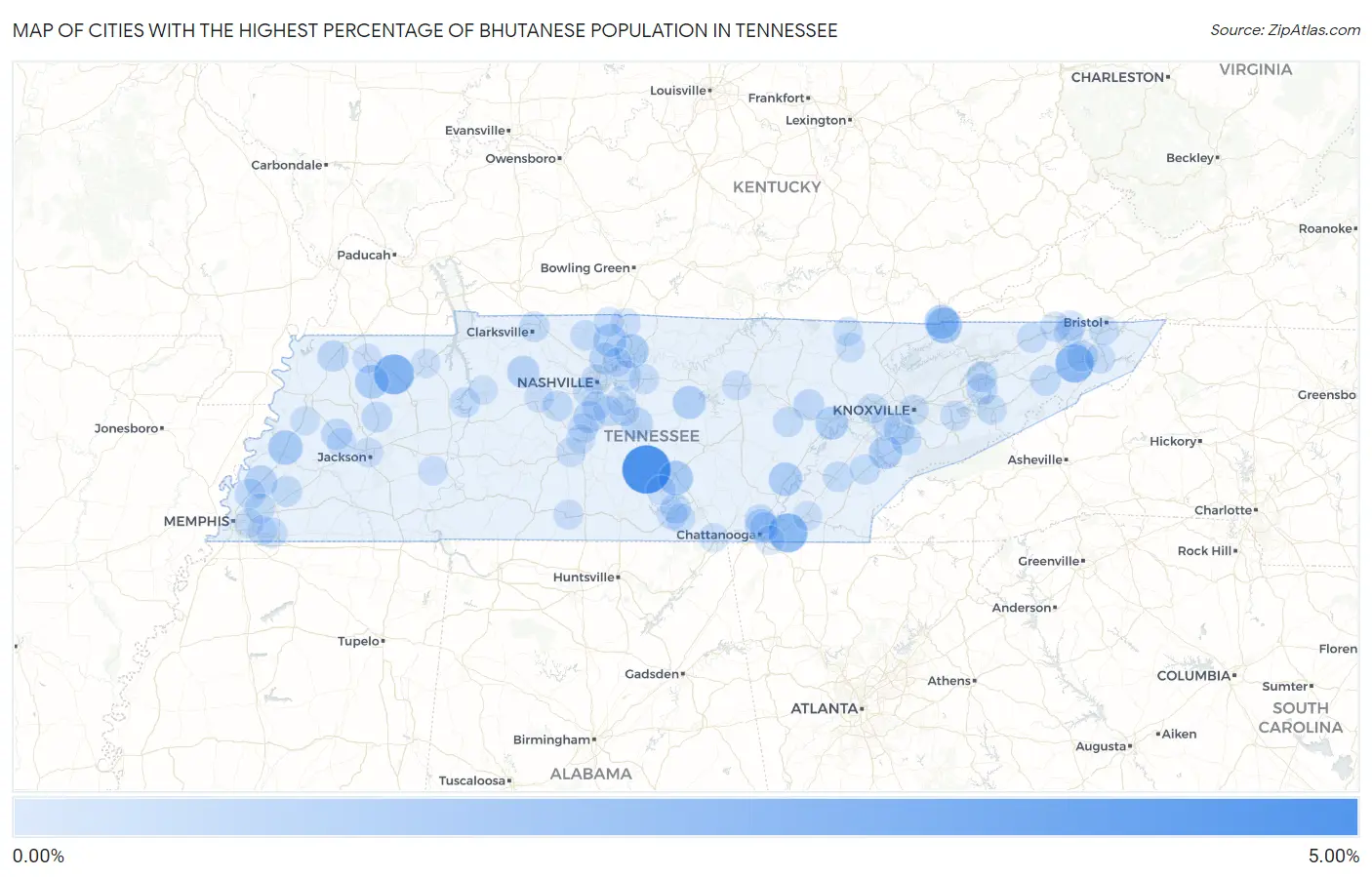 Cities with the Highest Percentage of Bhutanese Population in Tennessee Map