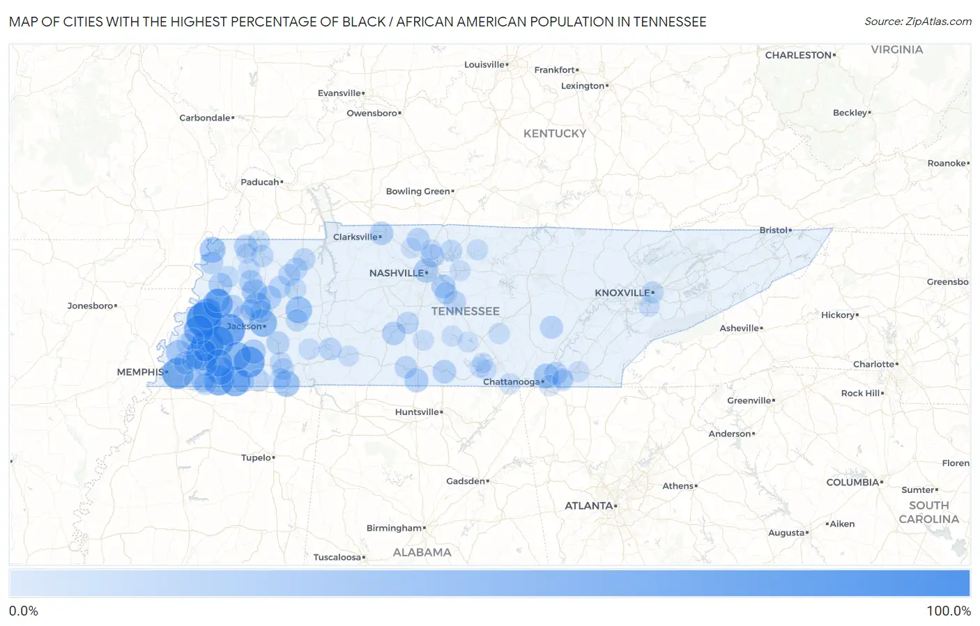 Percentage of Black / African American Population in Tennessee by City