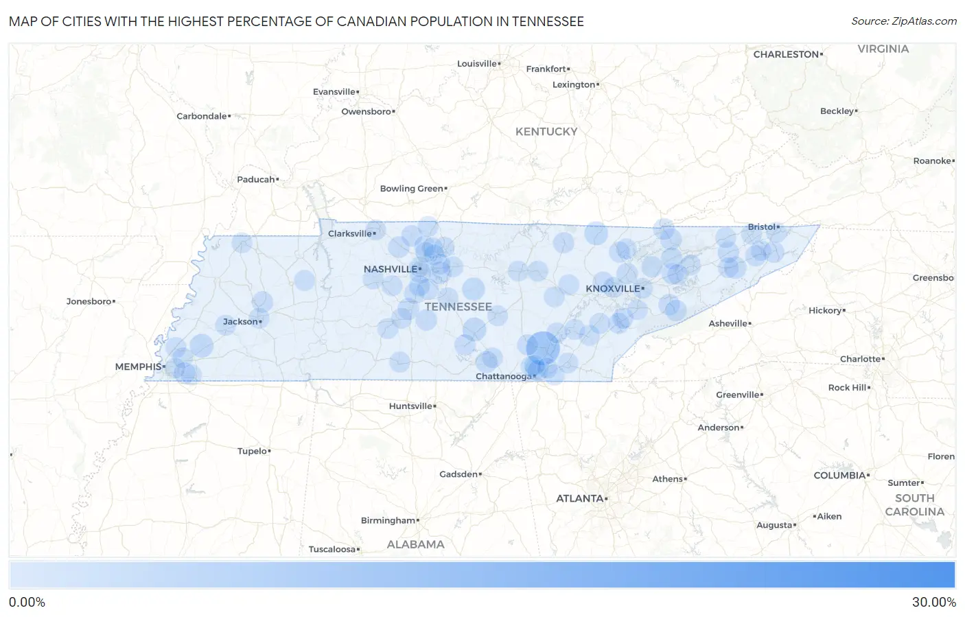 Cities with the Highest Percentage of Canadian Population in Tennessee Map