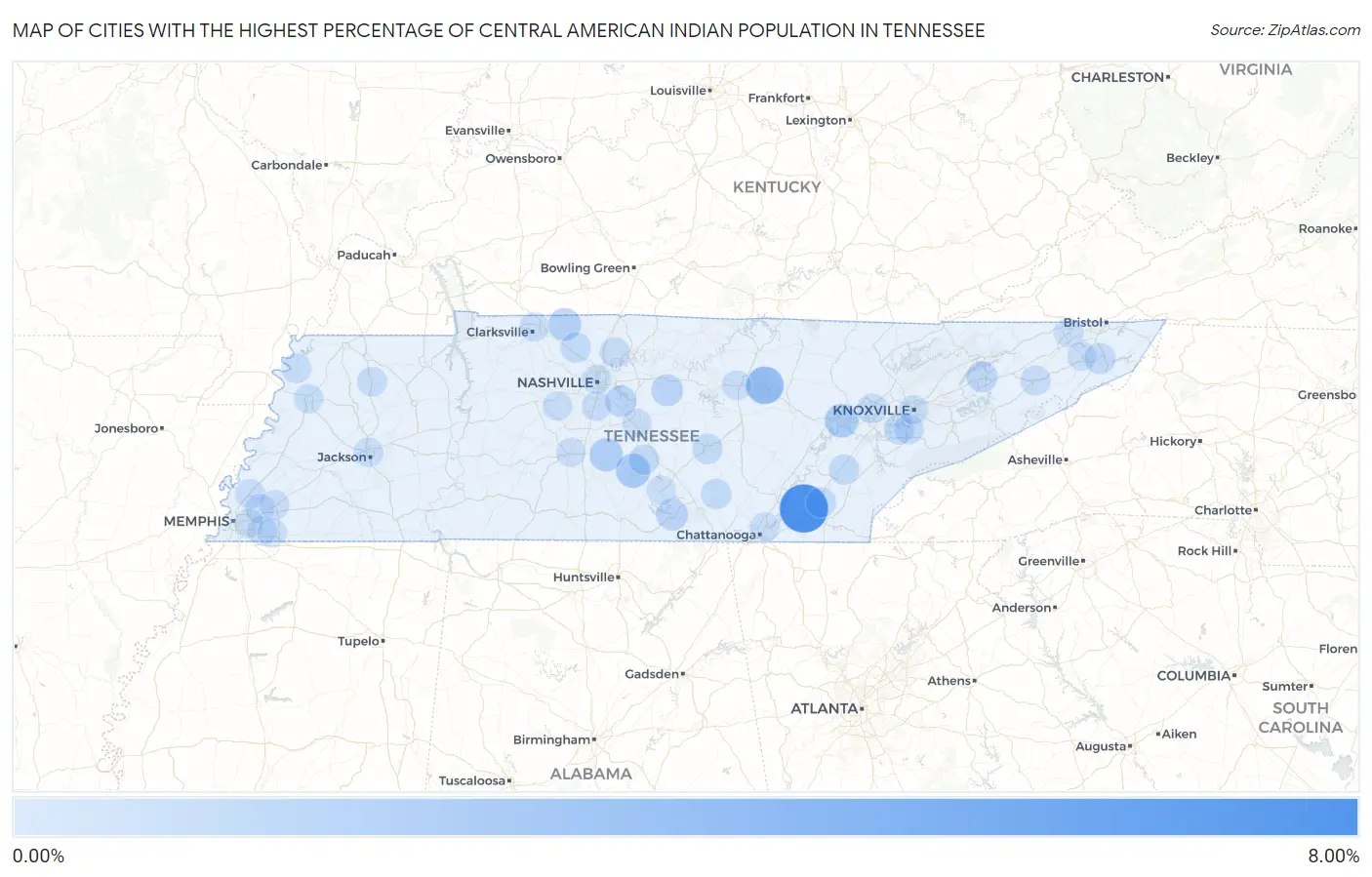 Cities with the Highest Percentage of Central American Indian Population in Tennessee Map