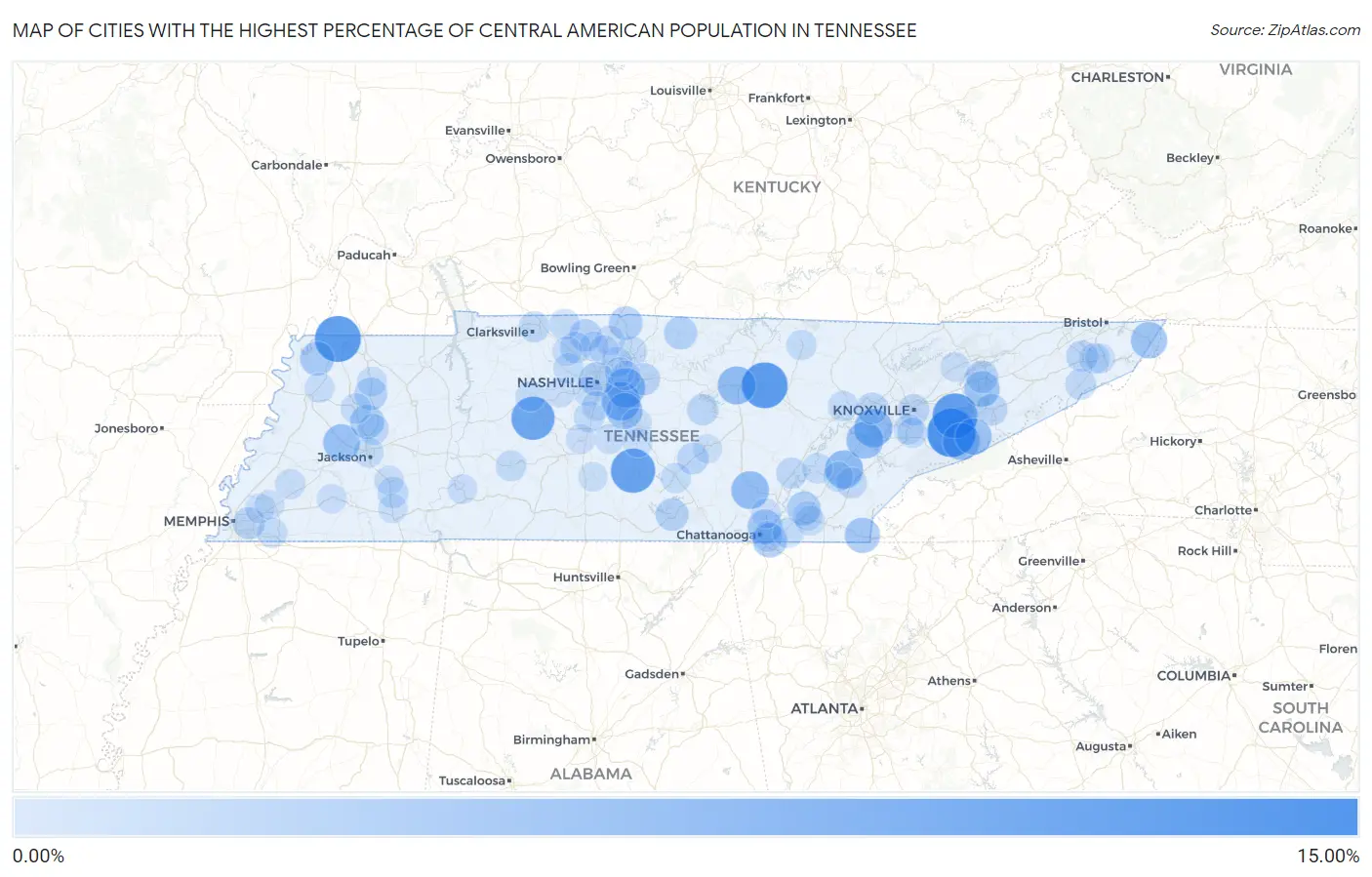 Cities with the Highest Percentage of Central American Population in Tennessee Map