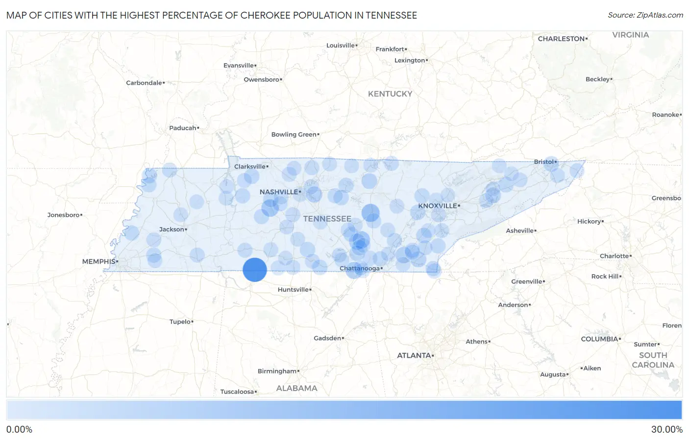Cities with the Highest Percentage of Cherokee Population in Tennessee Map