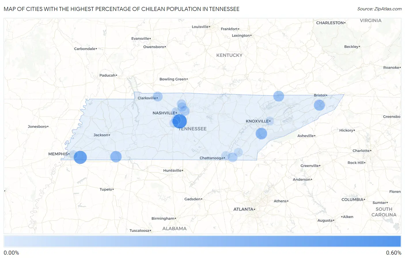 Cities with the Highest Percentage of Chilean Population in Tennessee Map